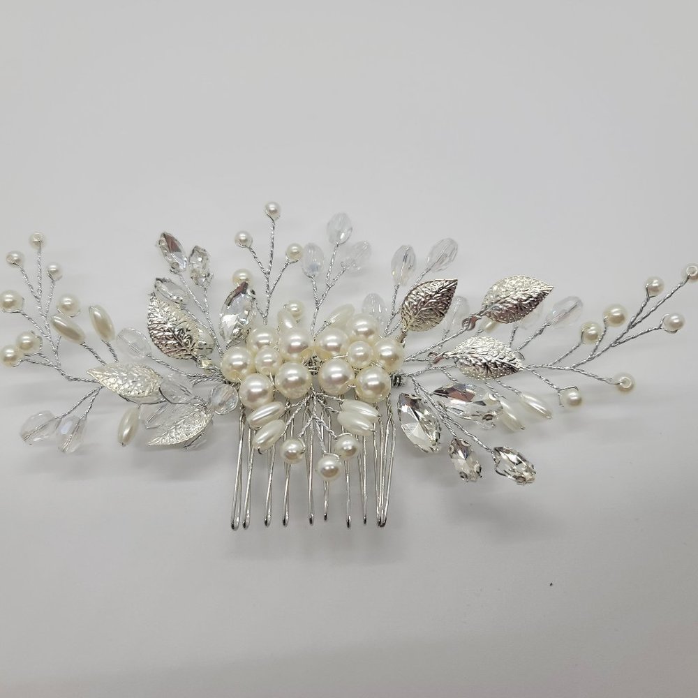Silver Hair Comb: Pearls Crystals Leaves & Beads